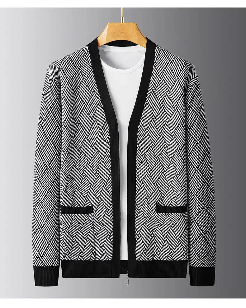 Luxury brand men's V-neck knitted sweater autumn winter new fashion boutique zipper European design high-end shawl casual coat