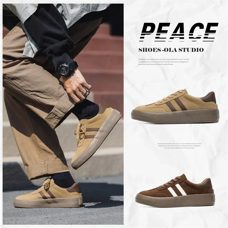 Vintage Brown Man Sneakers Suede Leather Men's Skateboard Shoes Comfort Lace-up Men Skate Sneakers Thick Sole Casual Board Shoes