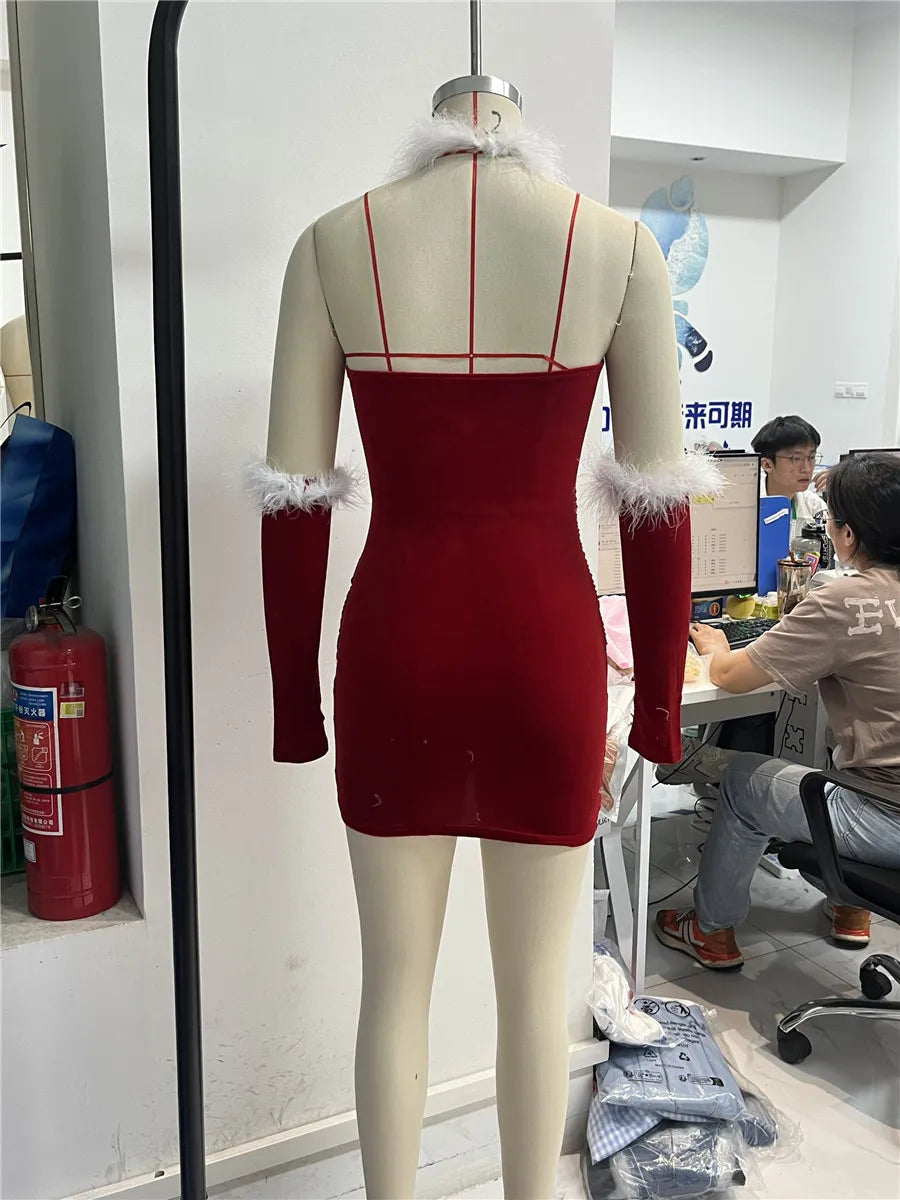 Women Christmas Red Lingerie Plush Patchwork Strapless Tube Dress Christmas Party Cosplay Costume with Arm Sleeve and Choker
