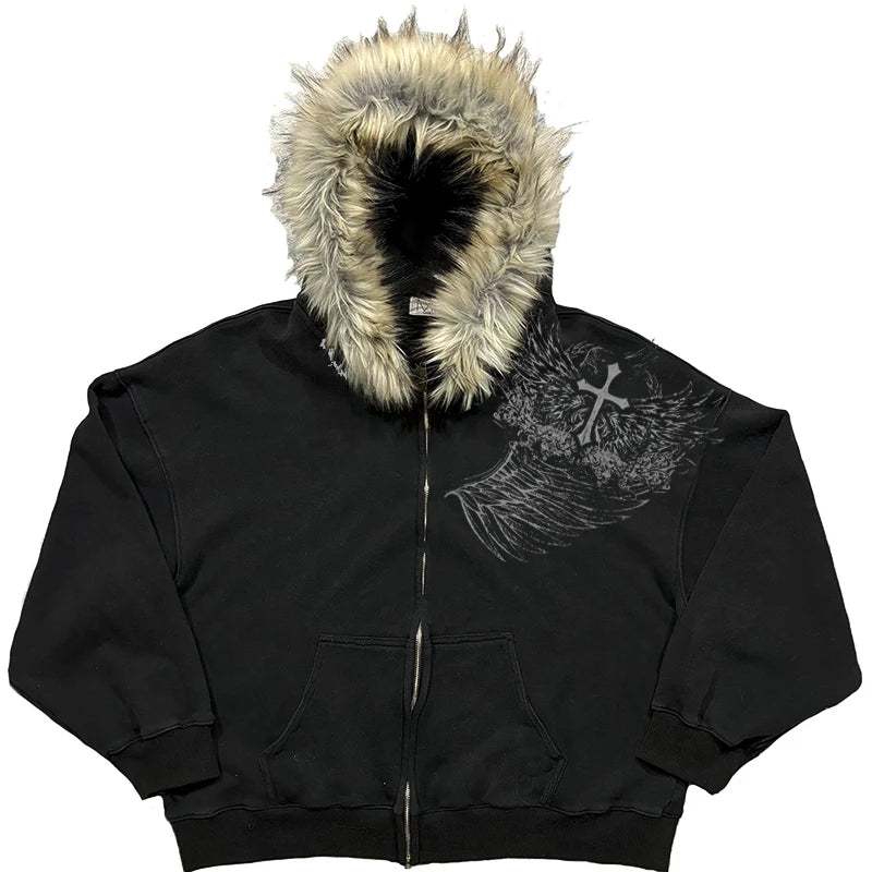 European and American style men's and women's Easter plush edge decorative jacket with cross wing pattern printed on it punk Y2K