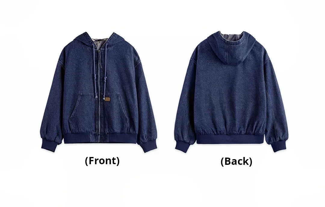 Maden Men's Retro J130 10.5oz Denim Jacket Heavyweight Washed Hooded Jacket Regular Fit Zip Workwear Coat with Pockets for Fall