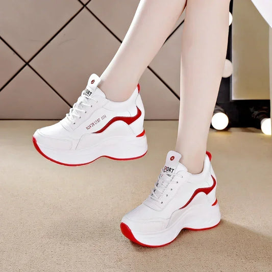 2025 New High Heels Wedge Outdoor Sport Spring White Shoes Breathable Casual Shoe Women Leather Platform Sneakers Red