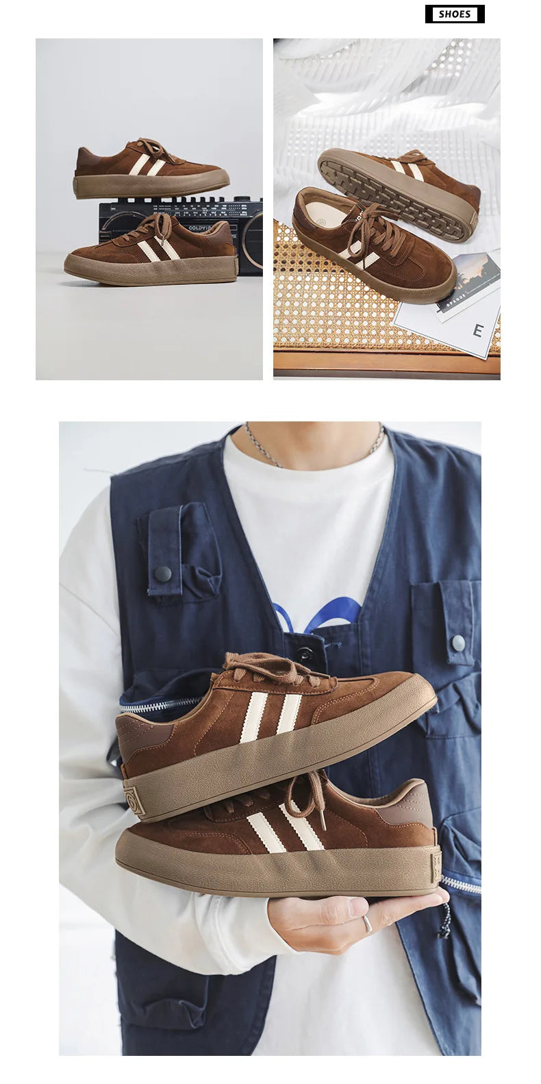 Vintage Brown Man Sneakers Suede Leather Men's Skateboard Shoes Comfort Lace-up Men Skate Sneakers Thick Sole Casual Board Shoes