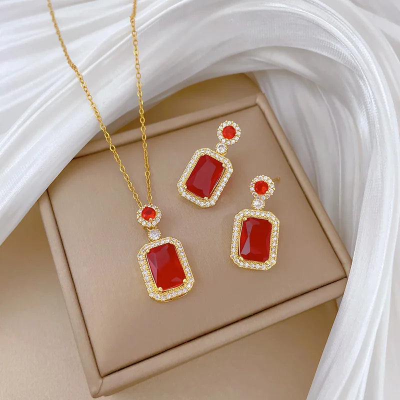 Stainless Steel Austrian Crystal Enamel Square Pendant Jewelry Sets Women African Costume Jewelry Maxi Necklace Earring Set