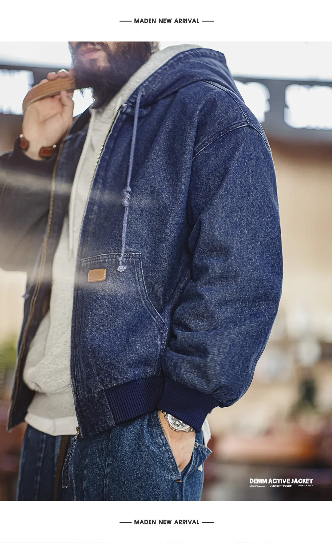 Maden Men's Retro J130 10.5oz Denim Jacket Heavyweight Washed Hooded Jacket Regular Fit Zip Workwear Coat with Pockets for Fall