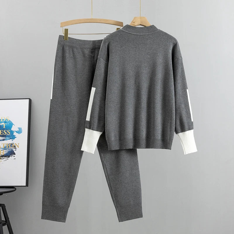 2025 Autumn Runway 2 Pieces Set Knitted Long Sleeve Pullovers Sweater Casual Patchwork Fashion Women Tops and Pants Suits Spring