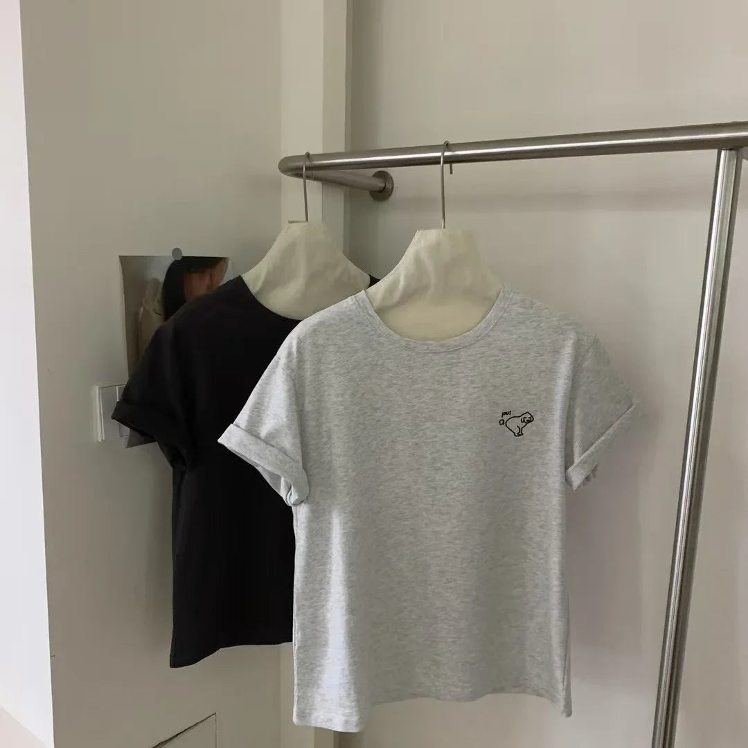 Summer New Korean Style Loose Casual round Neck Short Sleeve T-Shirt Women's White Top Embroidered Dog Pattern Cotton