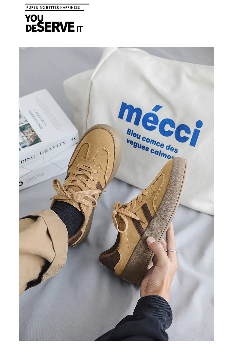 Vintage Brown Man Sneakers Suede Leather Men's Skateboard Shoes Comfort Lace-up Men Skate Sneakers Thick Sole Casual Board Shoes