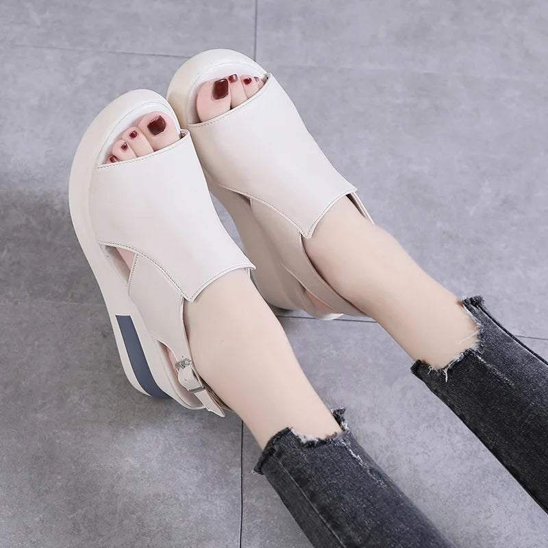 2023 Women's Platform Wedge Sandals New Summer High-heeled Fish Mouth Women's Shoes Soft Leather Heightened Platform Shoes