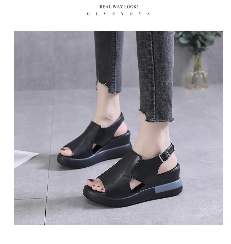 2023 Women's Platform Wedge Sandals New Summer High-heeled Fish Mouth Women's Shoes Soft Leather Heightened Platform Shoes