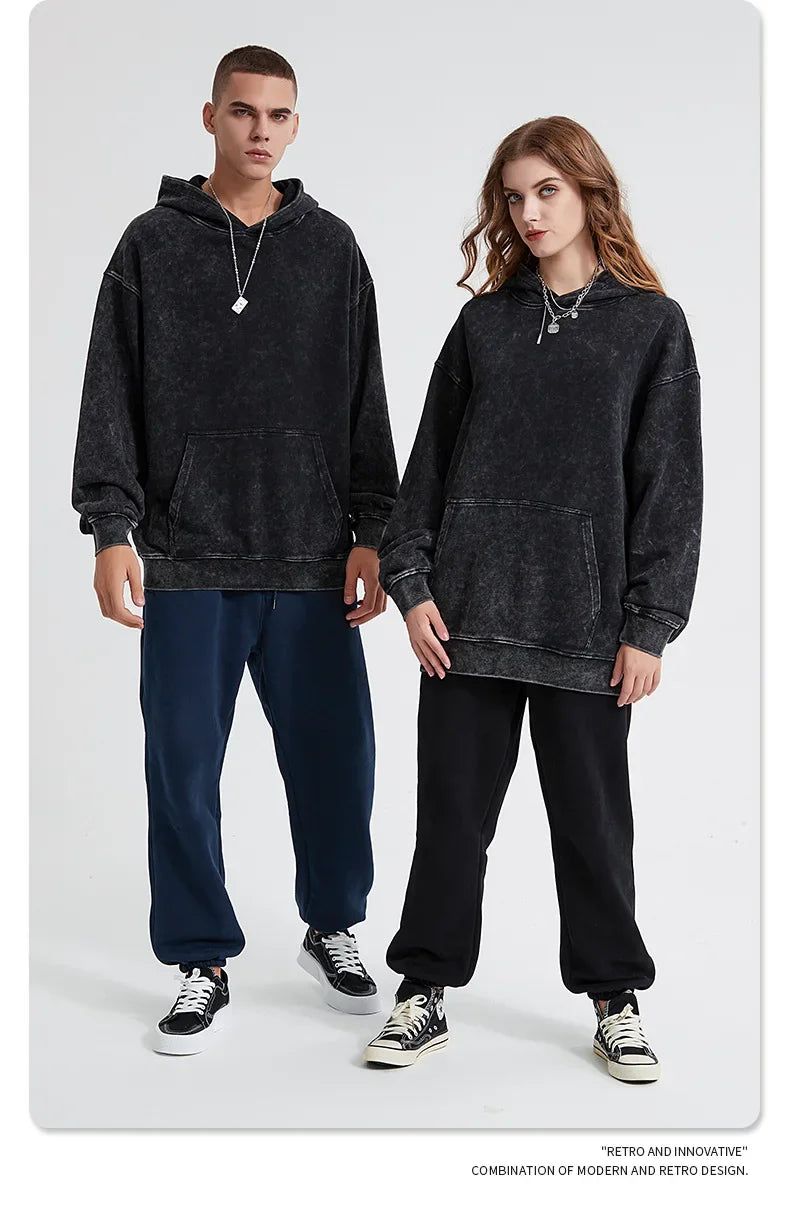 custom Wash Hoodies Men Women Vintage Black 100% Cotton Gothic Sweatshirts Casual Pullover Hip Hop Y2K Sportswear