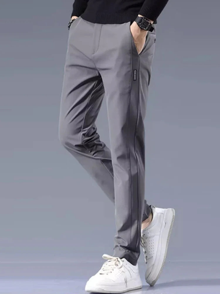 Men's casual pants, semi elastic waistband, nylon ice silk elastic straight tube, light gray, business gentleman, summer casual