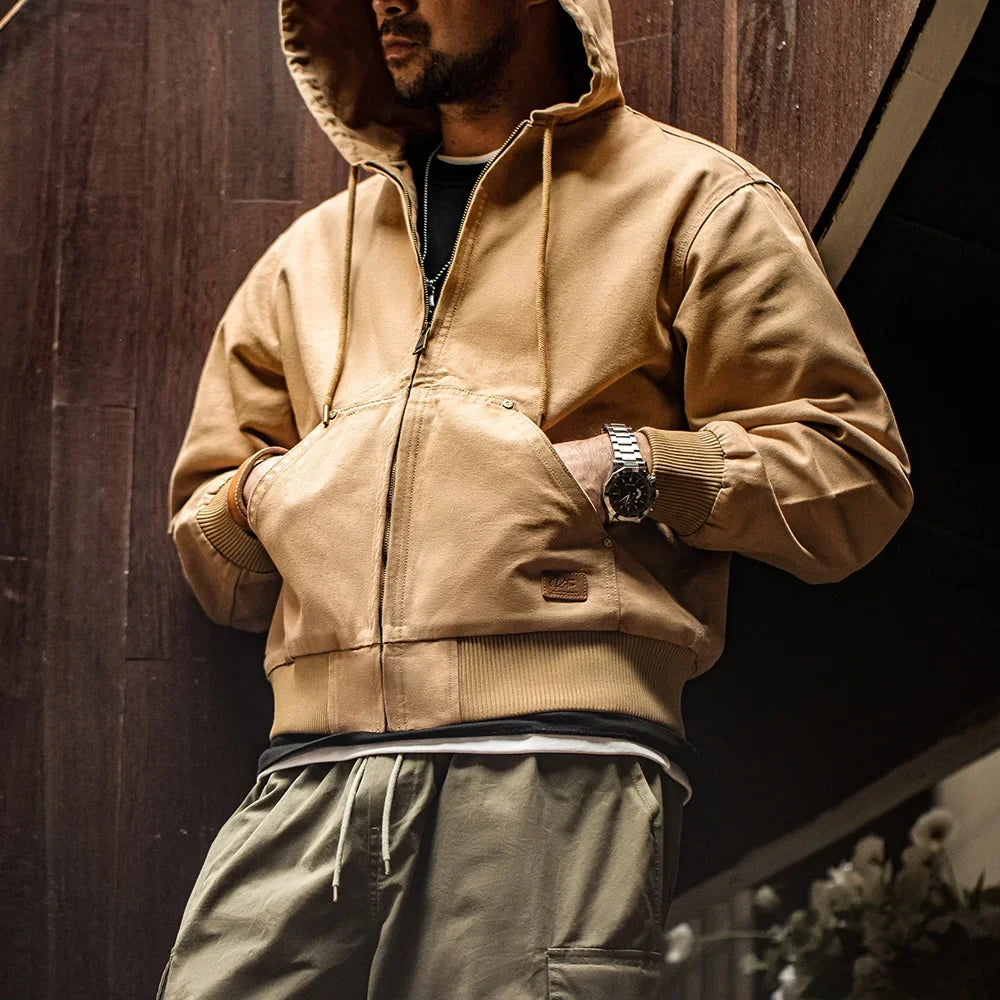 Maden Men's Retro J130 10.5oz Denim Jacket Heavyweight Washed Hooded Jacket Regular Fit Zip Workwear Coat with Pockets for Fall