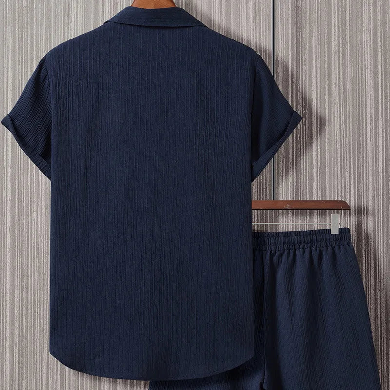 2025 Summer Men's Set Striped Jacquard Shirt Short Sleeve Button Collar Casual Shirt Fashionable Hot Selling Trendy Atmosphere