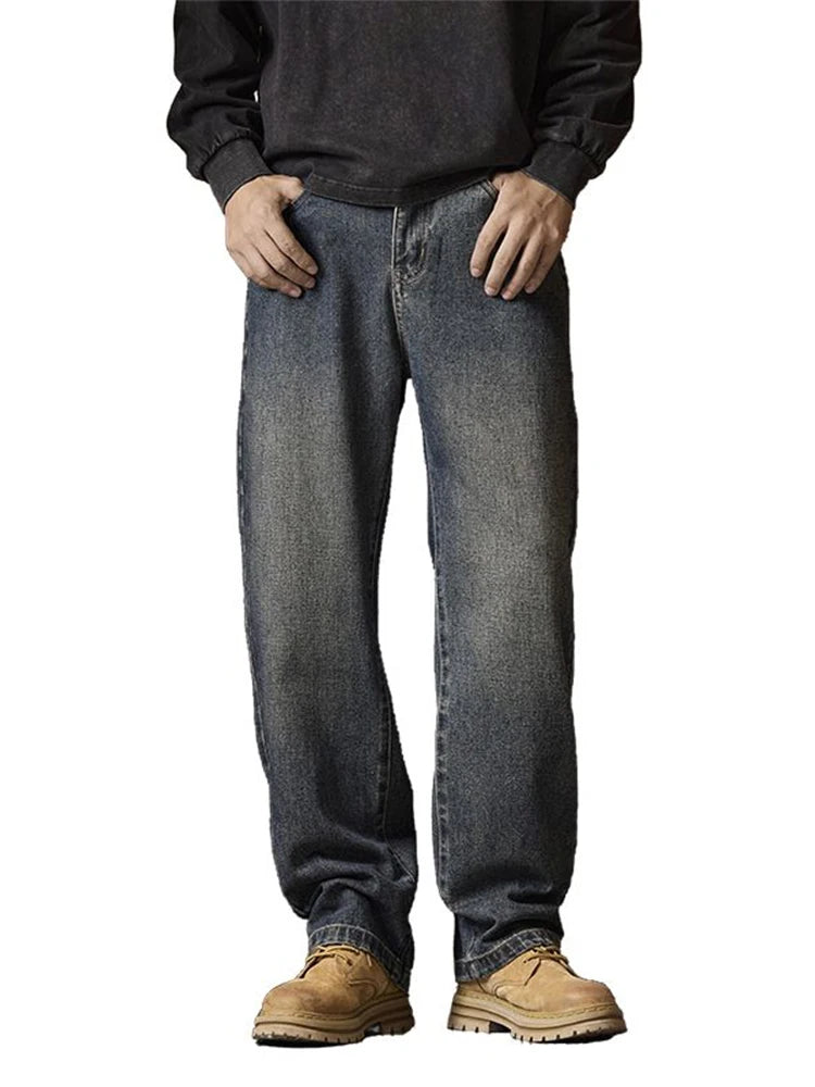 American Men's Y2K Retro Blue Denim Jeans Autumn Spring Relaxed Fit Korean Streetwear Casual Wide-leg Pants with Spliced Pockets