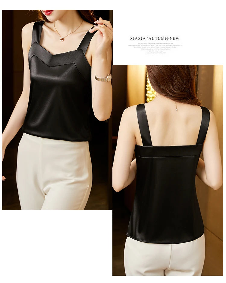 Woman T-shirts Elegant SILK Satin Blouse Sleeveless Female Summer 2025 Casual Loose Tanks and Camis Solid Green Tops for Women