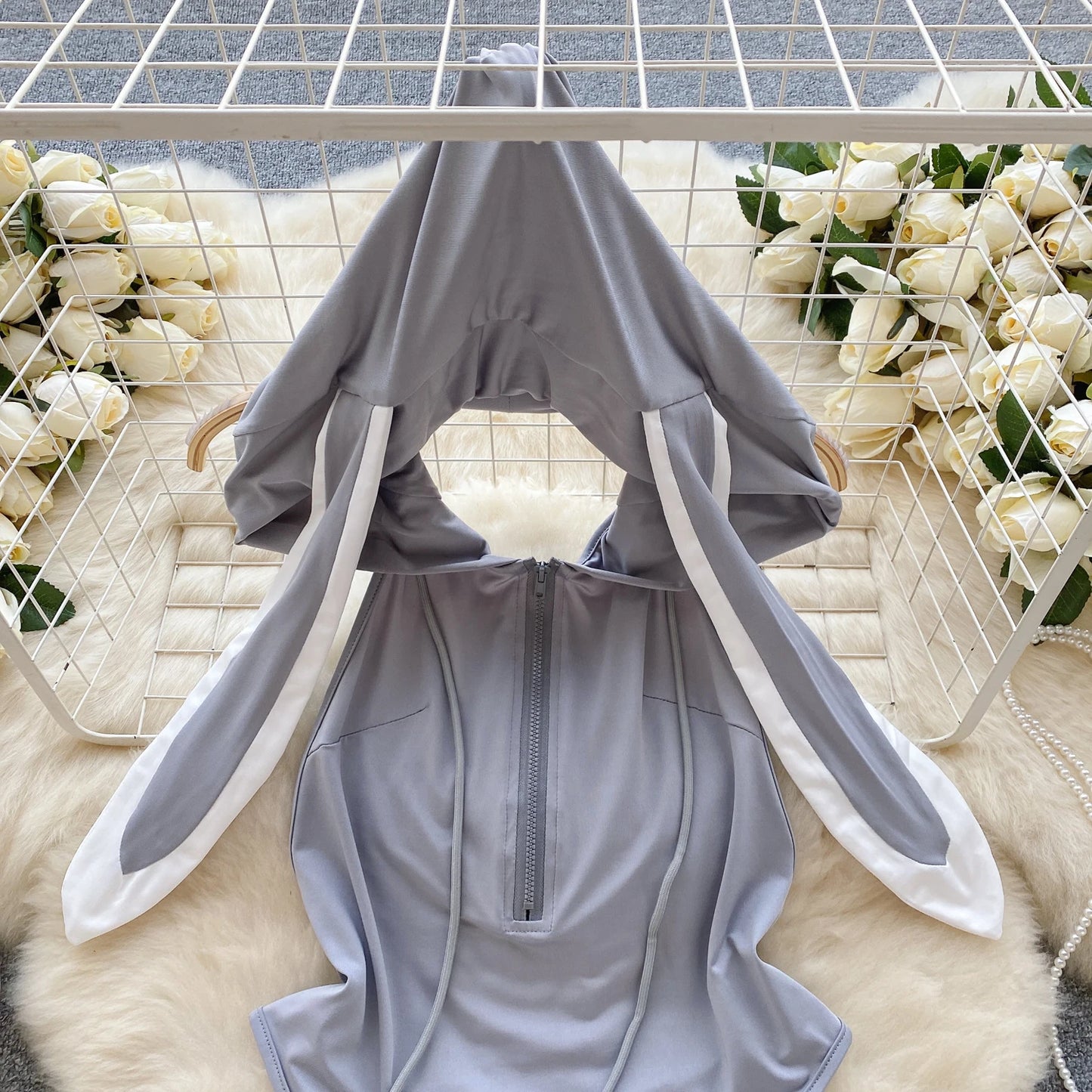 Cute Gray Rabbit Ear Hood Top Sexy Backless Slim Fit Bodysuit Zip Sleeveless Women Sexy Erotic Lingerie Bunny Cosplay Playsuit