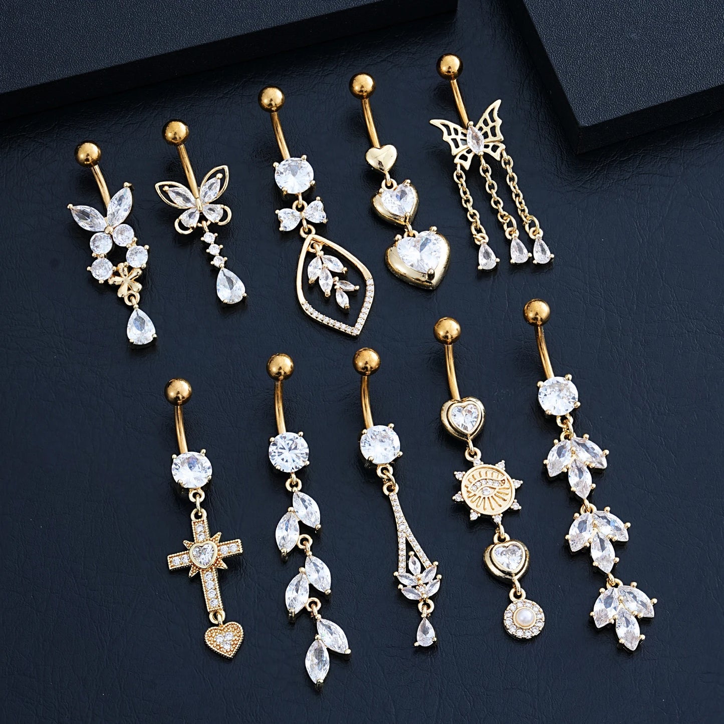 14G Gold Color Pendant Navel Piercing Ornament Butterfly Heart Chains Dangled Belly Button Rings for Women Belly Nombril Jewelry