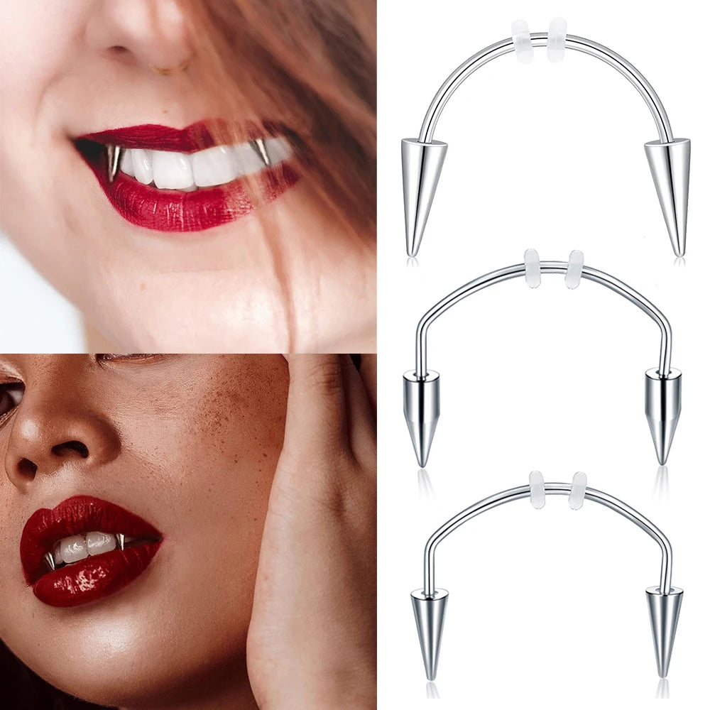 WKOUD 2 Pcs  Piercing Tiger Teeth Vampire  Stainless Steel Smile Lip Nail Jewelry Fangs Dracula Septum 3 Style