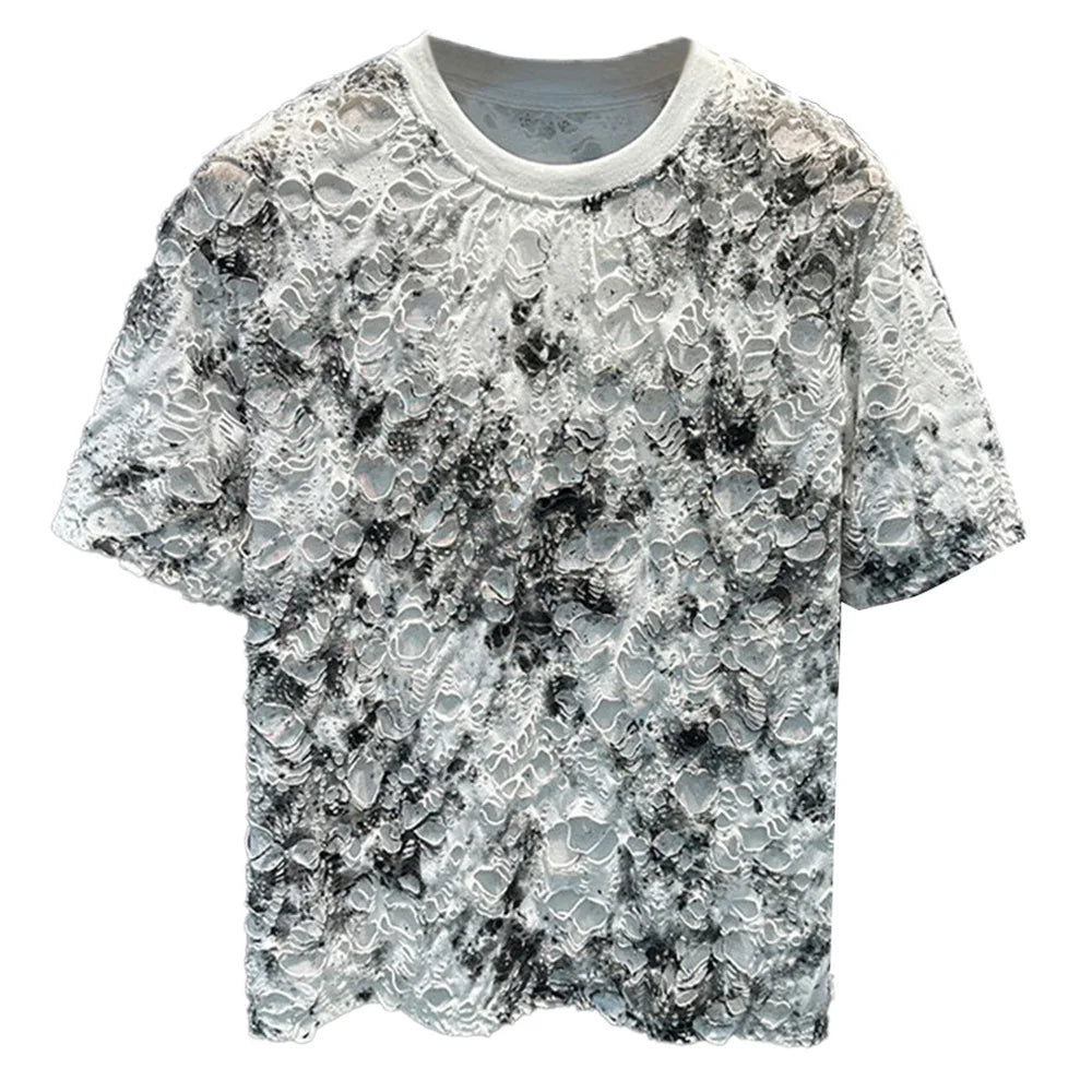 Mens T-Shirts Casual Tie-Dye Ripped T-Shirts Summer Niche Lightweight Unique Versatile Fashion Short Sleeve Tops Men'S Wear 2024