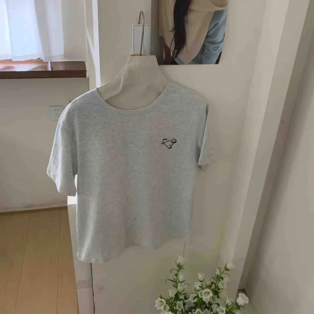 Summer New Korean Style Loose Casual round Neck Short Sleeve T-Shirt Women's White Top Embroidered Dog Pattern Cotton