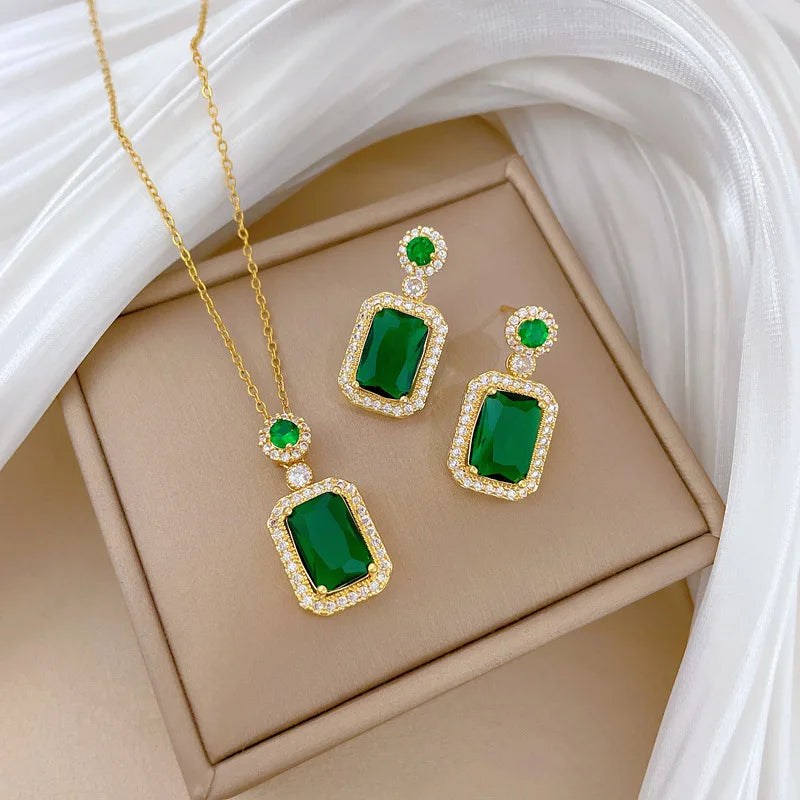 Stainless Steel Austrian Crystal Enamel Square Pendant Jewelry Sets Women African Costume Jewelry Maxi Necklace Earring Set