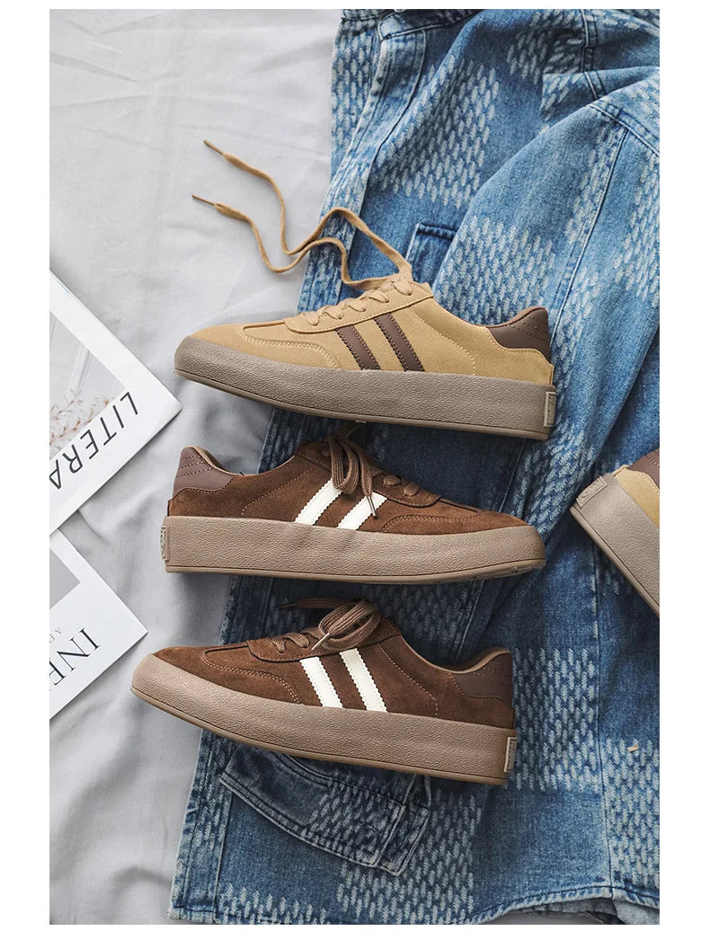 Vintage Brown Man Sneakers Suede Leather Men's Skateboard Shoes Comfort Lace-up Men Skate Sneakers Thick Sole Casual Board Shoes