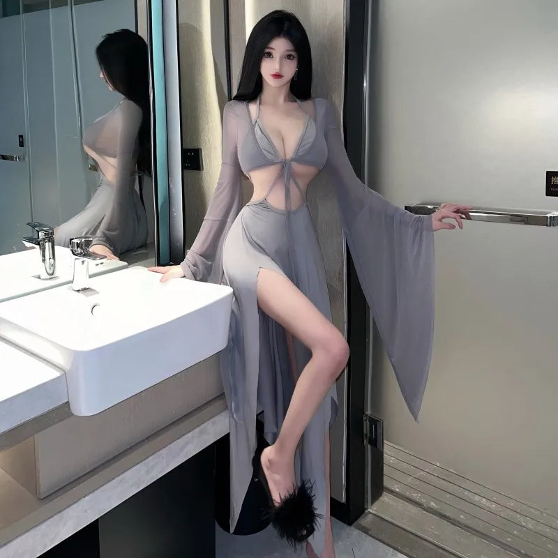 WOMENGAGA Gray Fairy Dress Robe Bandage V Neck Sexy Spicy Girl Beach Resort Long Dress Elegant Auutmn Fashion Women Tops Z8QN