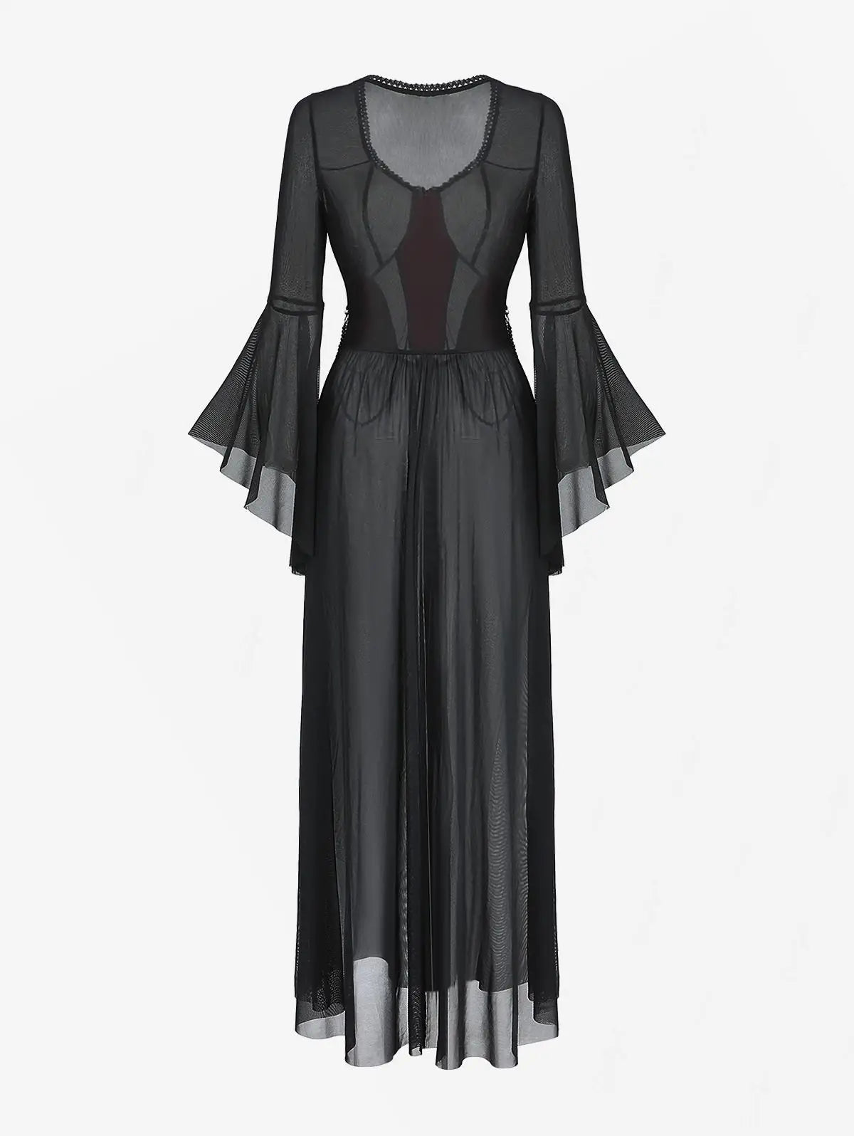 ROSEGAL Gothic Dresses For Girls, Black Flare Sleeves Spider Web Beading Chain Sexy Lace Sheer Mesh See Through Dress Vestidos