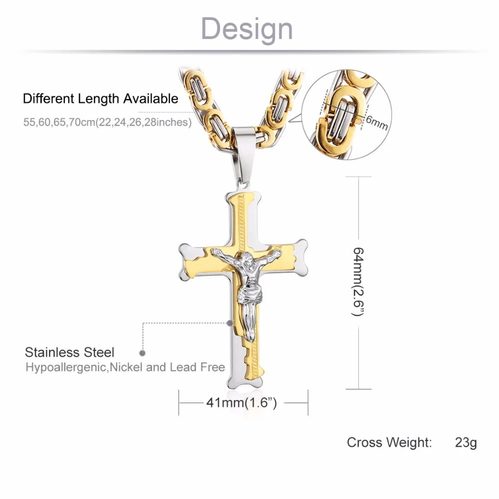 Stainless Steel Christs Jesus Cross Pendant Necklace Link Byzantine Chain  Silver Color Necklaces for Men 21.65" 6mm MN50