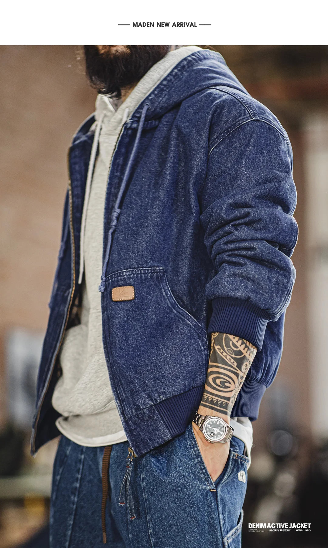 Maden Men's Retro J130 10.5oz Denim Jacket Heavyweight Washed Hooded Jacket Regular Fit Zip Workwear Coat with Pockets for Fall