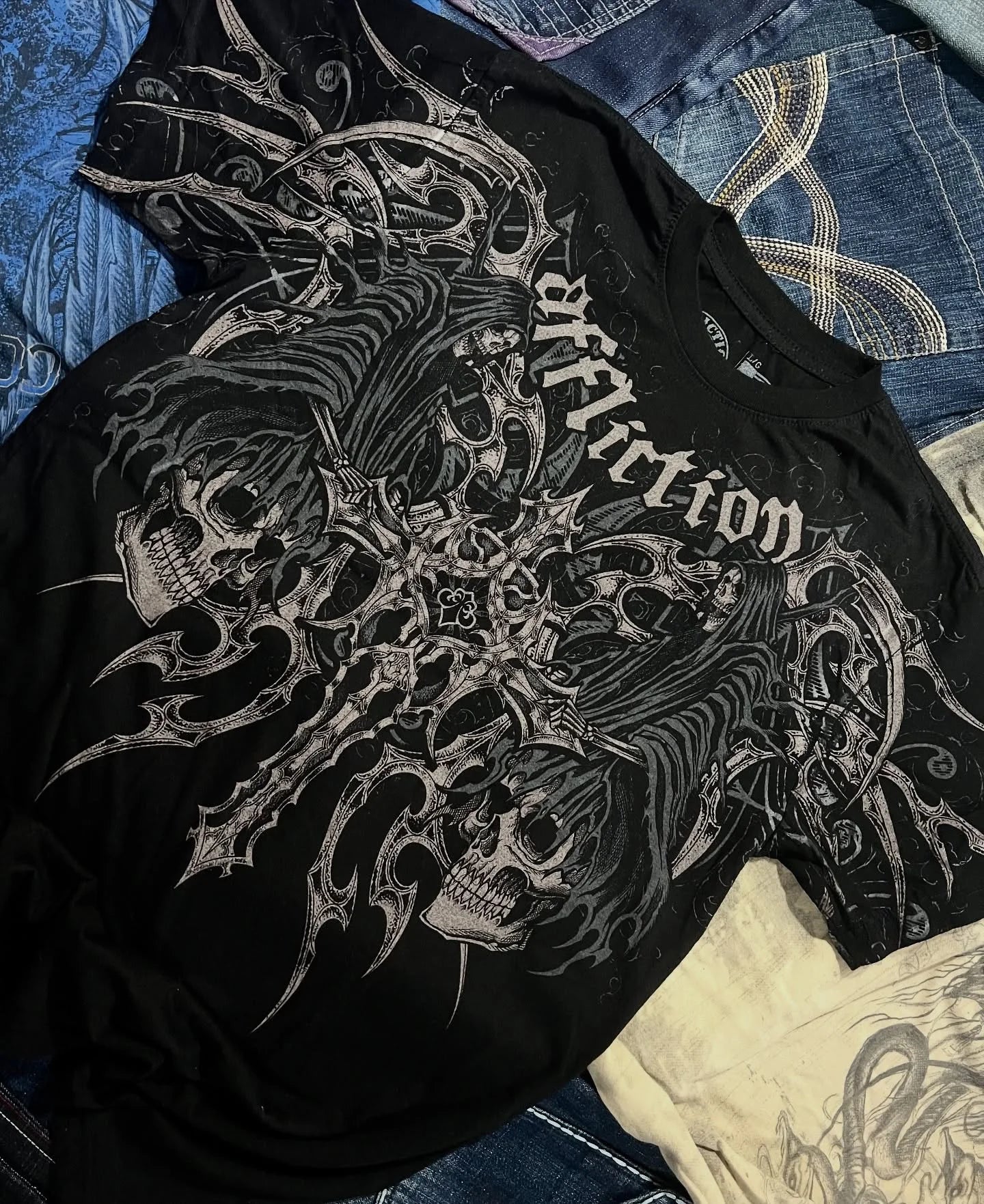 Affliction Men's Skull Graphic T-shirt Vintage American Style Distressed Print Rock Tee High Street Hip-Hop Cotton Couple Tops