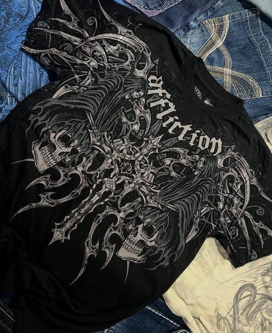 Affliction Men's Skull Graphic T-shirt Vintage American Style Distressed Print Rock Tee High Street Hip-Hop Cotton Couple Tops