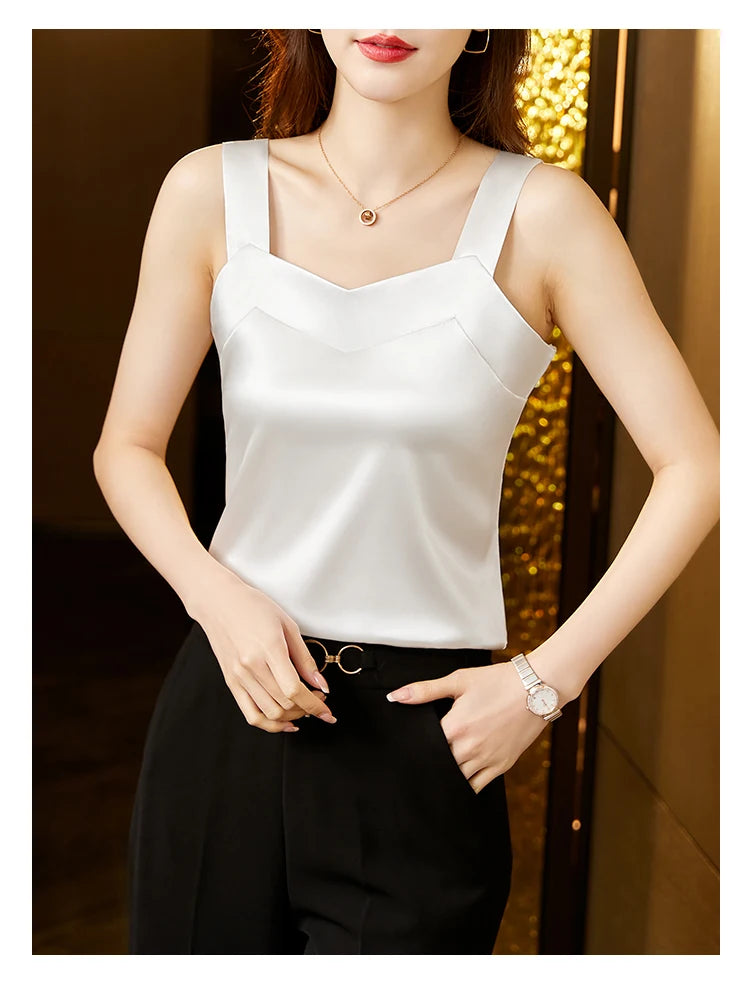Woman T-shirts Elegant SILK Satin Blouse Sleeveless Female Summer 2025 Casual Loose Tanks and Camis Solid Green Tops for Women