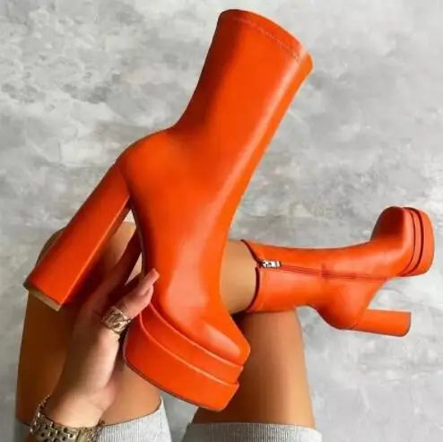 Luxury autumn/winter new double waterproof platform leather thick heel ankle boots women's large size high-heeled women's boots