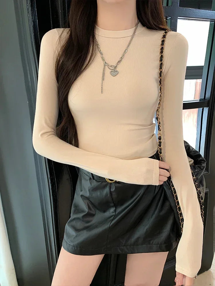 Women Casual Long Sleeve T-Shirts Spring Autumn Solid Slim Fit Pullovers Tees Shirts Female Streetwear Base Tees Tops Casual