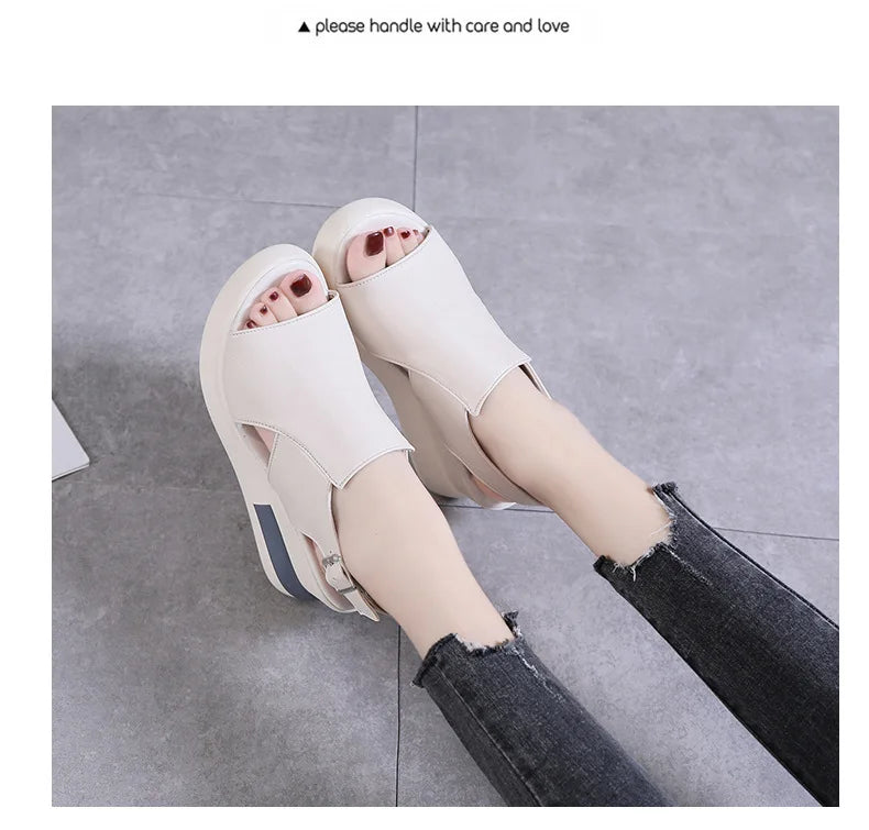 2023 Women's Platform Wedge Sandals New Summer High-heeled Fish Mouth Women's Shoes Soft Leather Heightened Platform Shoes