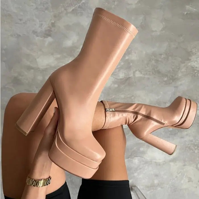 Luxury autumn/winter new double waterproof platform leather thick heel ankle boots women's large size high-heeled women's boots