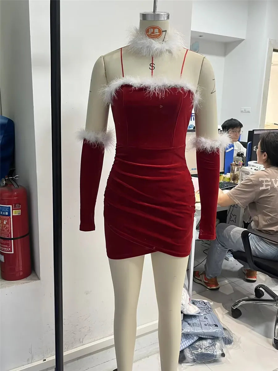 Women Christmas Red Lingerie Plush Patchwork Strapless Tube Dress Christmas Party Cosplay Costume with Arm Sleeve and Choker