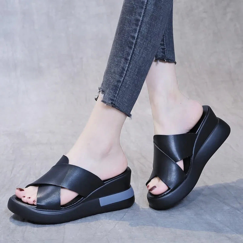 2023 Women's Platform Wedge Sandals New Summer High-heeled Fish Mouth Women's Shoes Soft Leather Heightened Platform Shoes