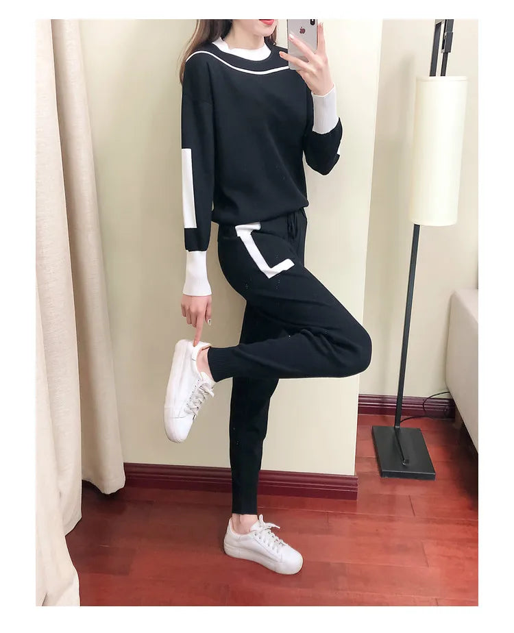 2025 Autumn Runway 2 Pieces Set Knitted Long Sleeve Pullovers Sweater Casual Patchwork Fashion Women Tops and Pants Suits Spring