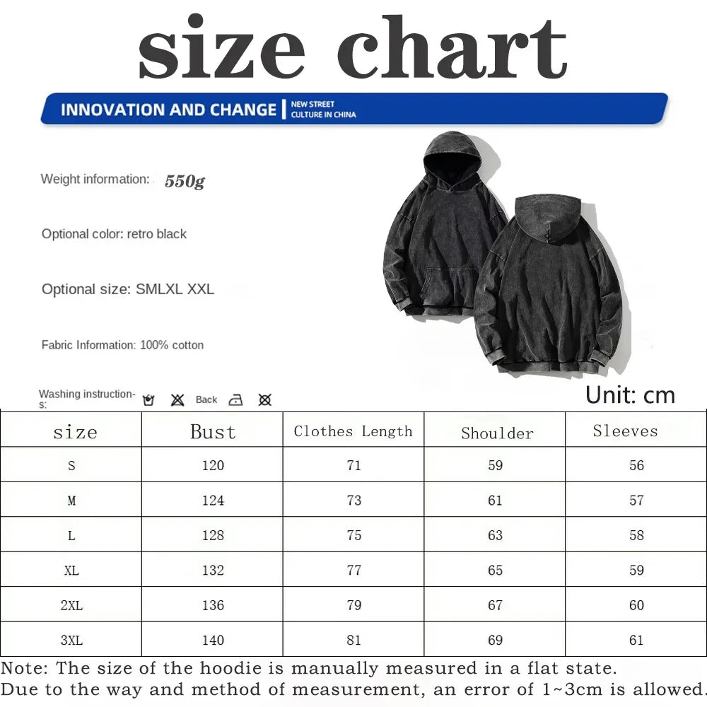 custom Wash Hoodies Men Women Vintage Black 100% Cotton Gothic Sweatshirts Casual Pullover Hip Hop Y2K Sportswear