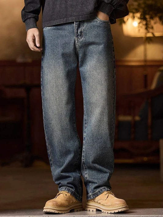 American Men's Y2K Retro Blue Denim Jeans Autumn Spring Relaxed Fit Korean Streetwear Casual Wide-leg Pants with Spliced Pockets