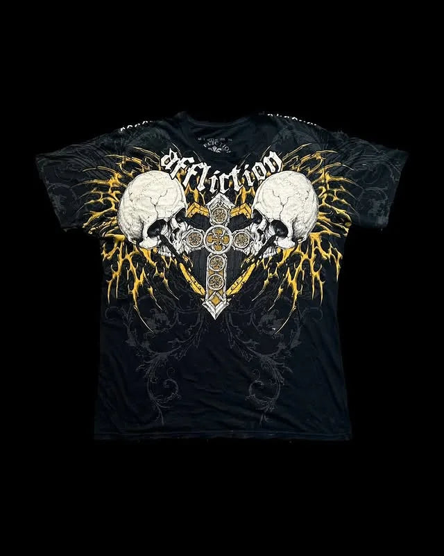 Affliction Men's Skull Graphic T-shirt Vintage American Style Distressed Print Rock Tee High Street Hip-Hop Cotton Couple Tops