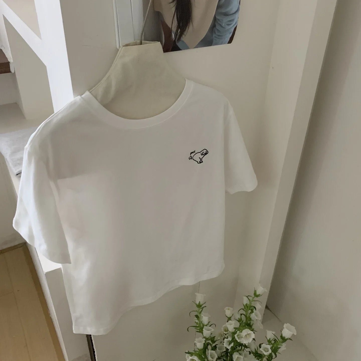 Summer New Korean Style Loose Casual round Neck Short Sleeve T-Shirt Women's White Top Embroidered Dog Pattern Cotton