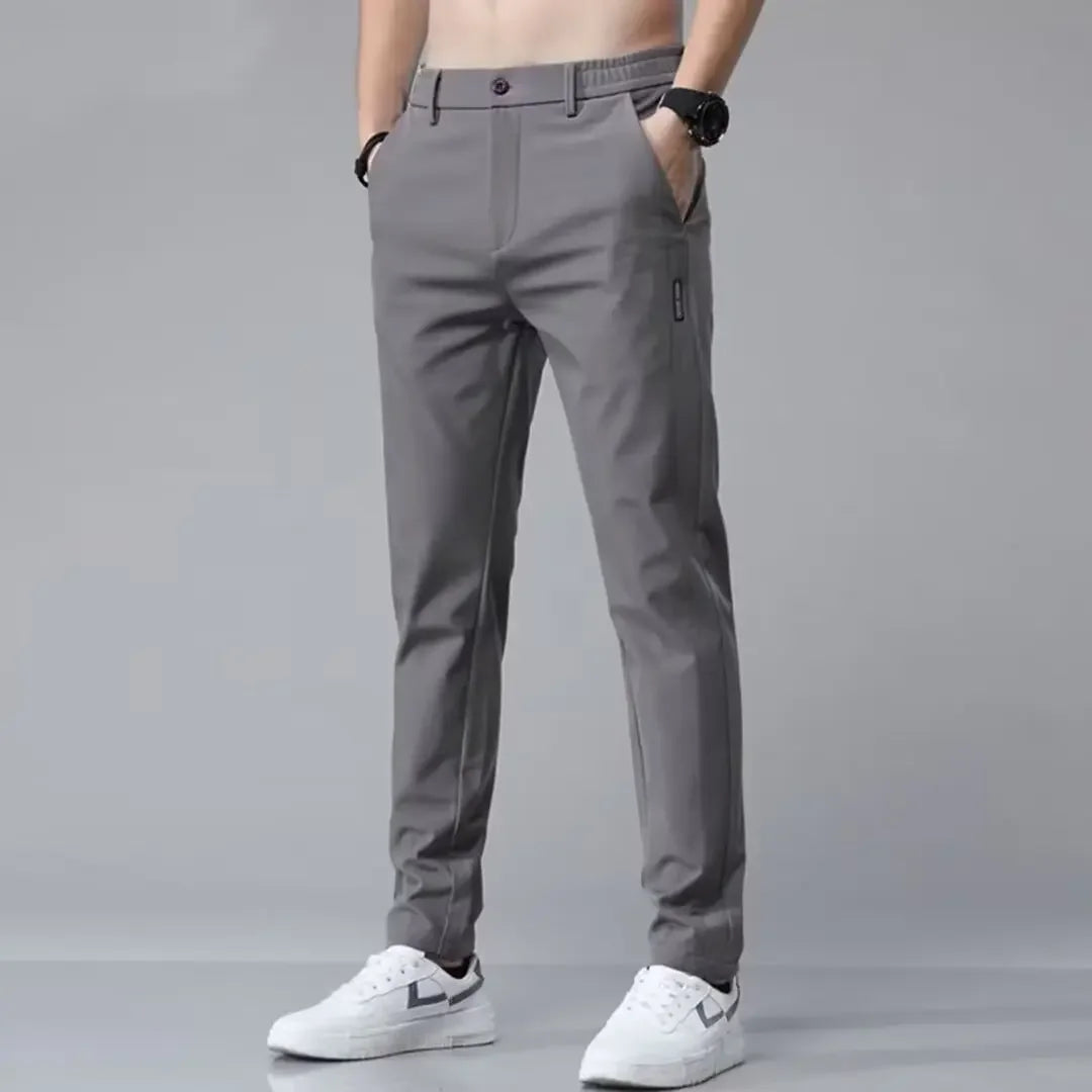 Men's casual pants, semi elastic waistband, nylon ice silk elastic straight tube, light gray, business gentleman, summer casual