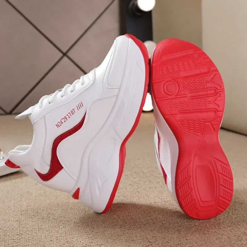 2025 New High Heels Wedge Outdoor Sport Spring White Shoes Breathable Casual Shoe Women Leather Platform Sneakers Red