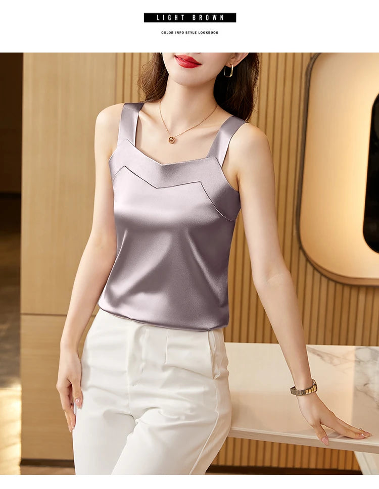 Woman T-shirts Elegant SILK Satin Blouse Sleeveless Female Summer 2025 Casual Loose Tanks and Camis Solid Green Tops for Women