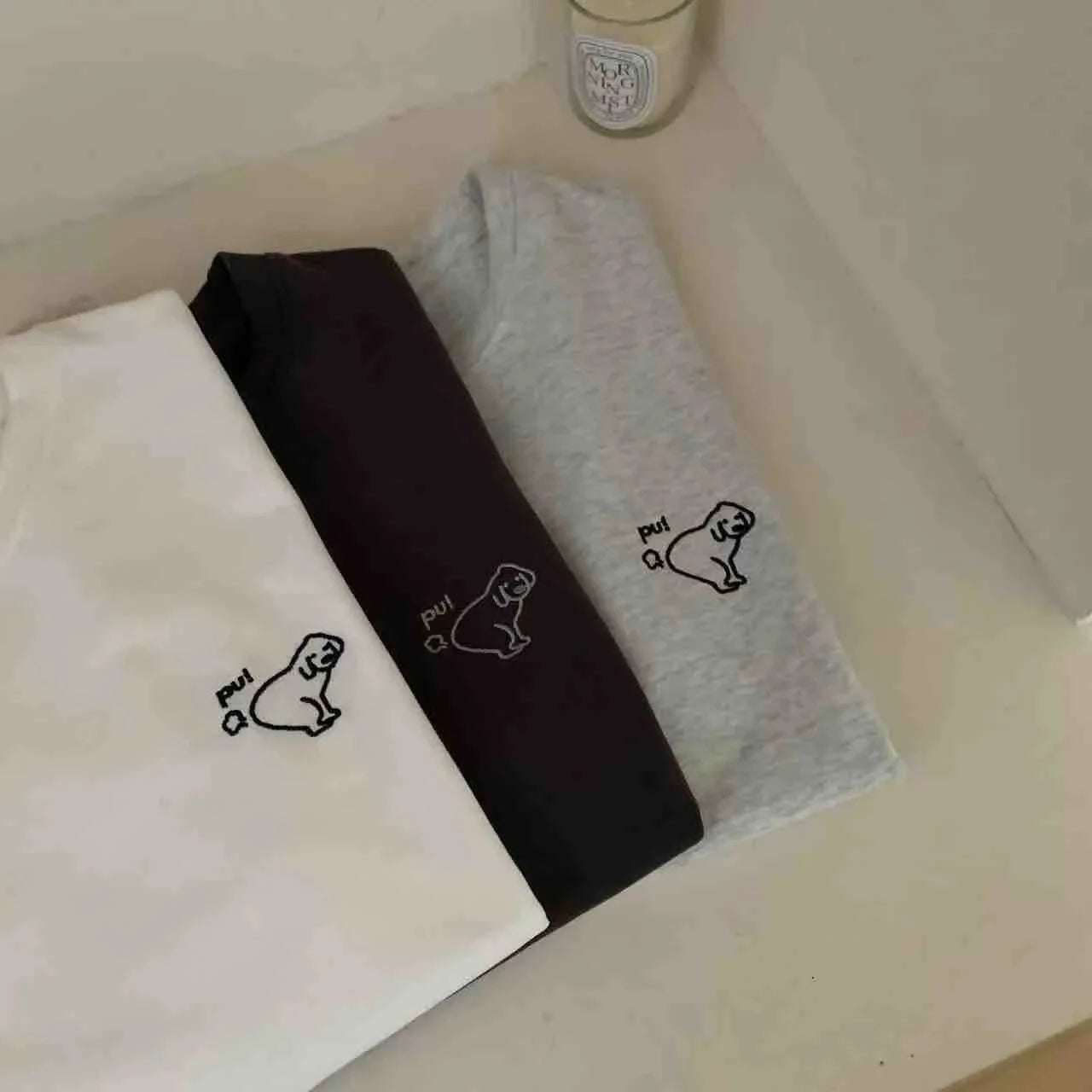 Summer New Korean Style Loose Casual round Neck Short Sleeve T-Shirt Women's White Top Embroidered Dog Pattern Cotton