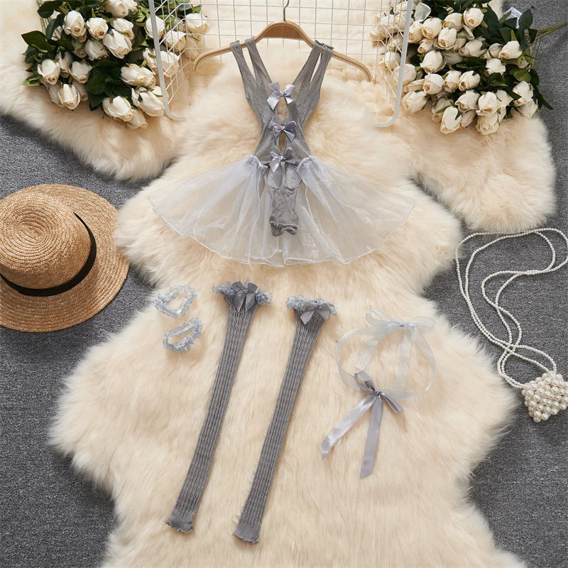 Cute Gray Rabbit Ear Hood Top Sexy Backless Slim Fit Bodysuit Zip Sleeveless Women Sexy Erotic Lingerie Bunny Cosplay Playsuit